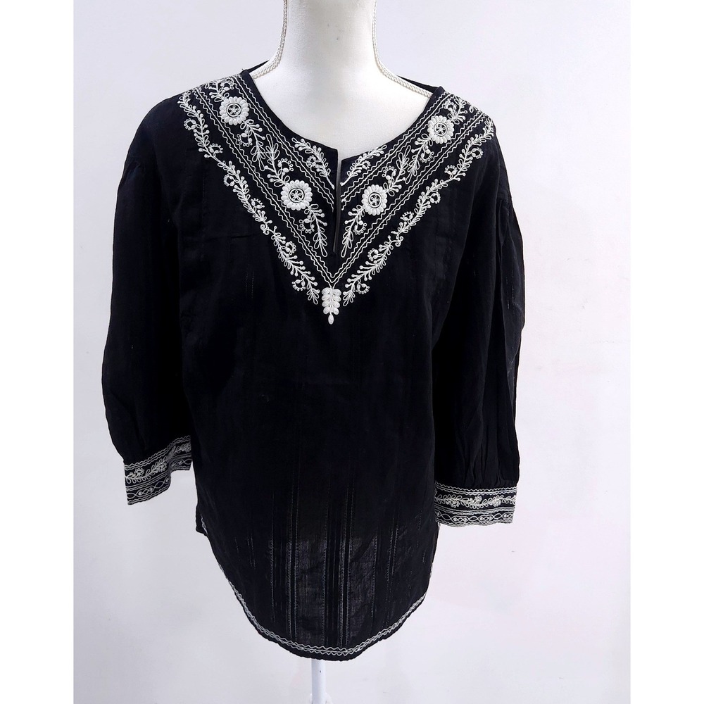 Lauren Ralph Lauren Black Cotton Embroidered Peasant Blouse Boho Top Medium